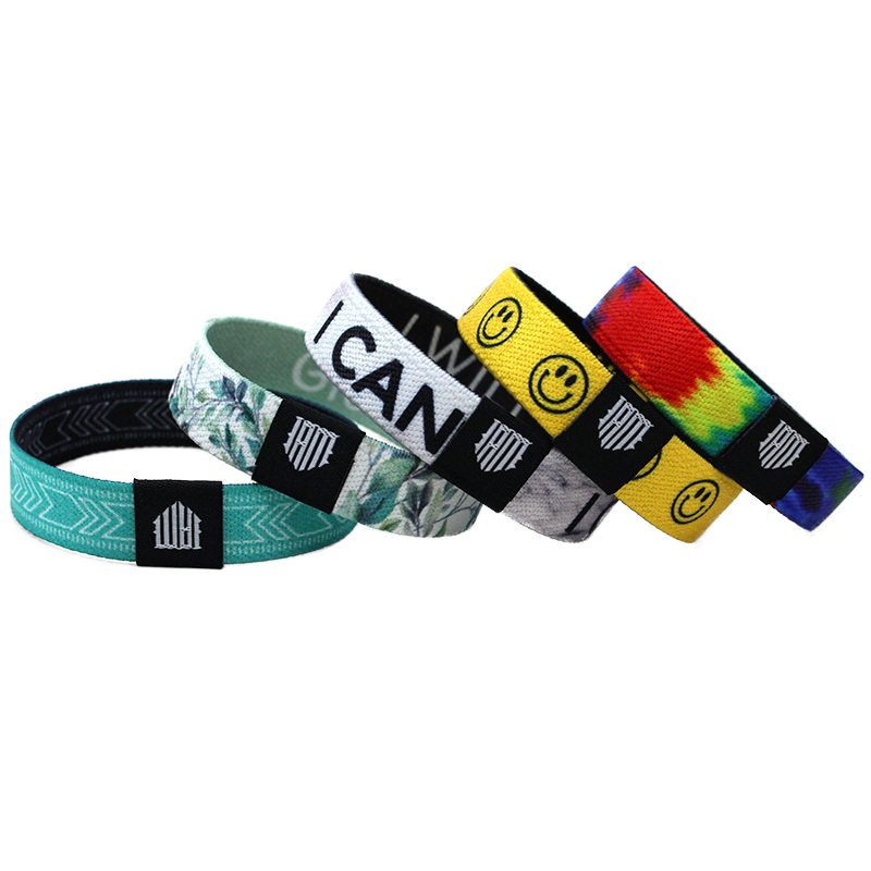Bracelets élastiques en polyester extensibles personnalisés, vente en gros en usine, étiquettes tissées, sublimation