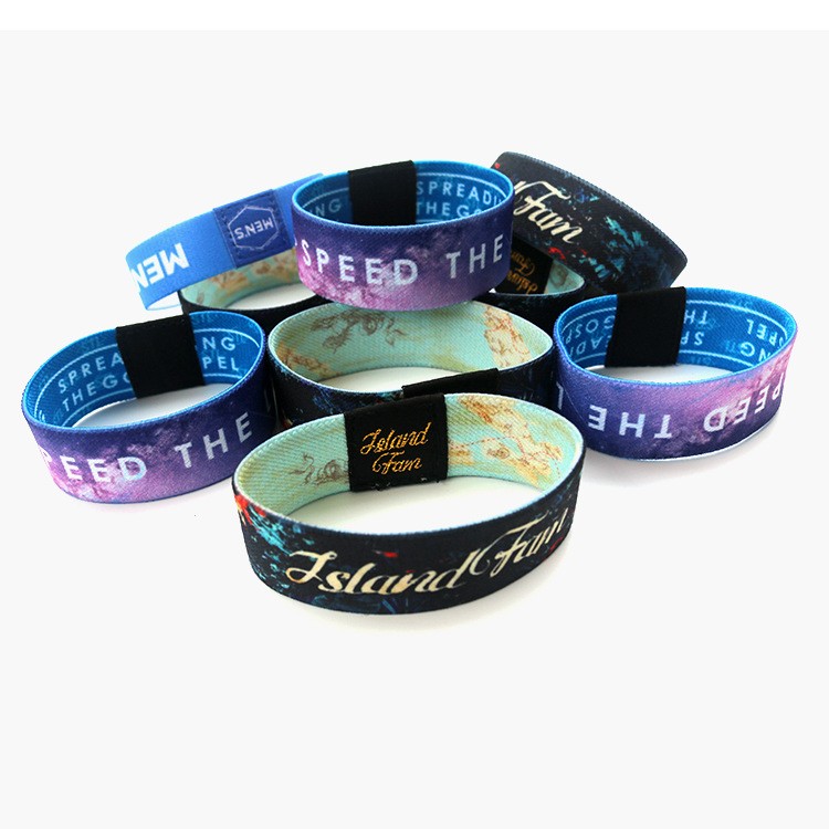 Bracelets élastiques en polyester extensibles personnalisés, vente en gros en usine, étiquettes tissées, sublimation