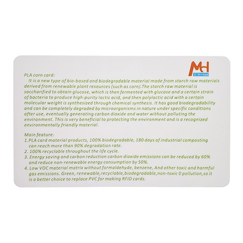 Carte vierge blanche en PLA écologique de haute qualité avec puce FMR11F08, impression personnalisée en usine