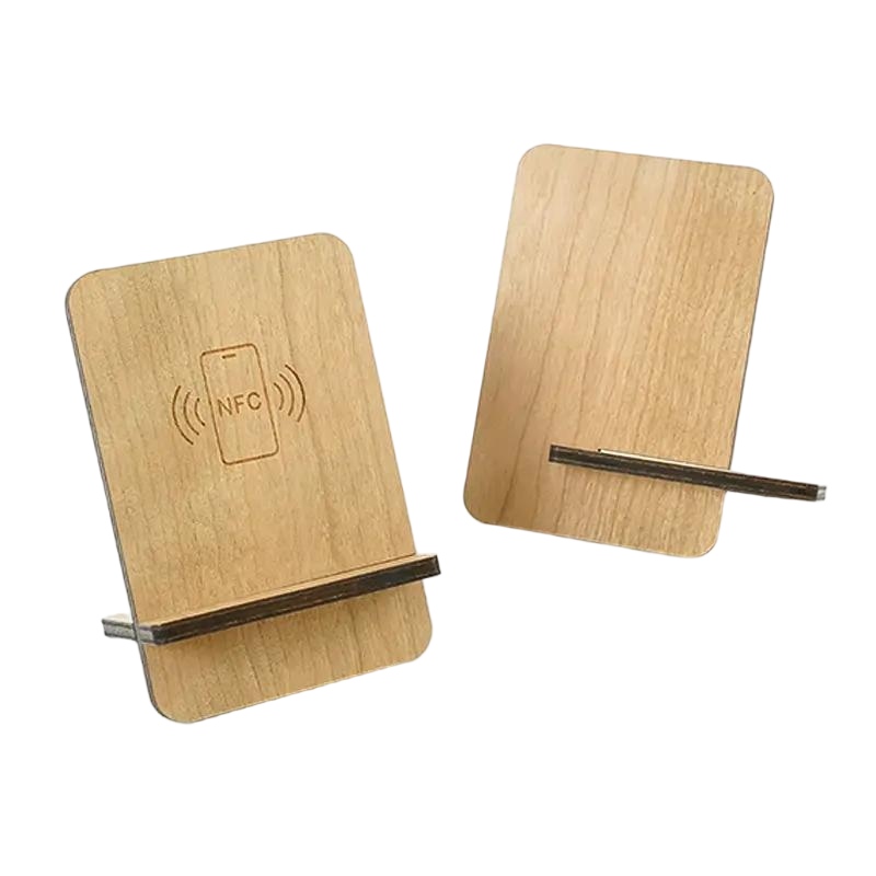 Custom laser engraved logo on wooden NFC tags for hospitality branding