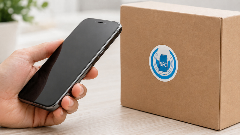 Custom NFC sticker on product packaging scanned by an NFC enabled smartphone Custom NFC sticker on product packaging scanned by an NFC enabled smartphone