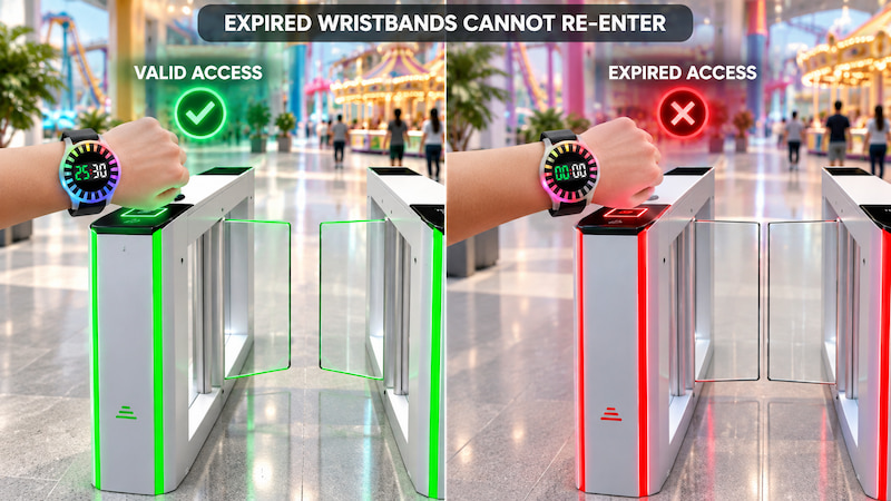 Turnstile allowing valid RFID wristband access and blocking expired access Turnstile allowing valid RFID wristband access and blocking expired access