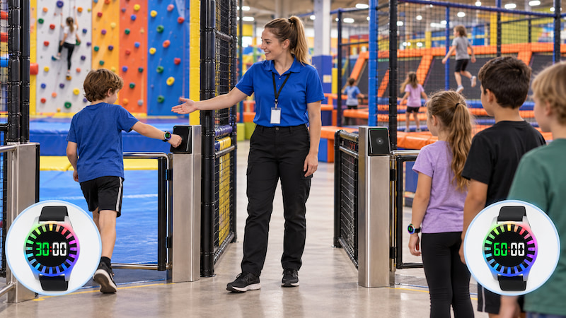 MH-CR03 RFID countdown wristbands managing separate access and play times for climbing and trampoline zones in an indoor activity center
