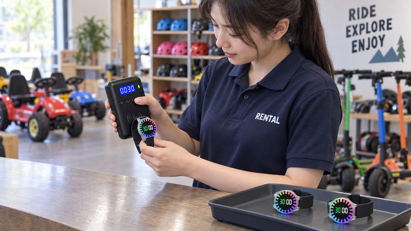Rental staff setting an MH-CR03 countdown wristband with a handheld Timer Setter before issuing it to a customer