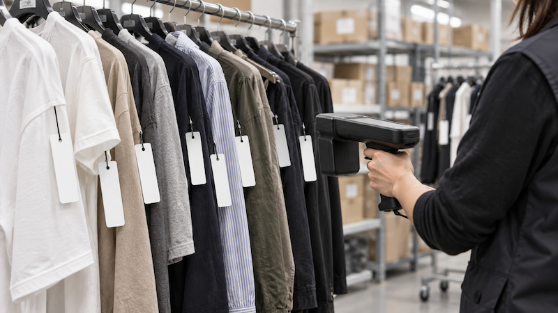 Staff using a UHF RFID handheld reader to count garments with paper RFID hang tags Staff using a UHF RFID handheld reader to count garments with paper RFID hang tags