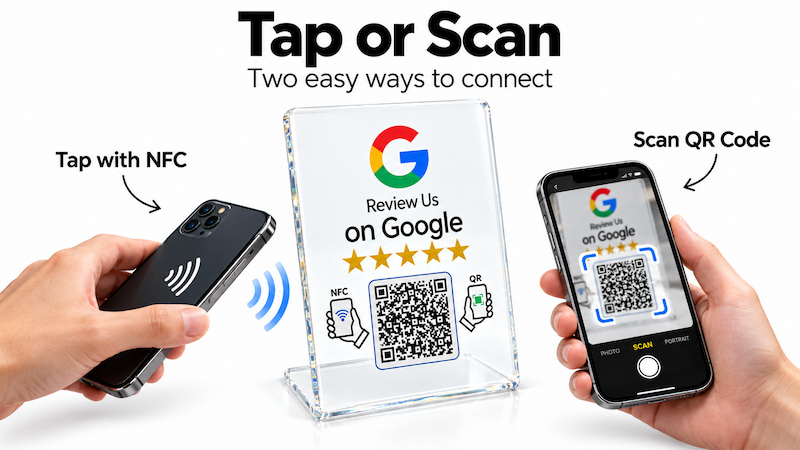 NFC Google review stand showing tap with NFC or scan QR code