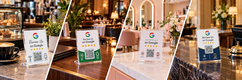 Custom NFC Google review stands used in cafe restaurant salon and hotel