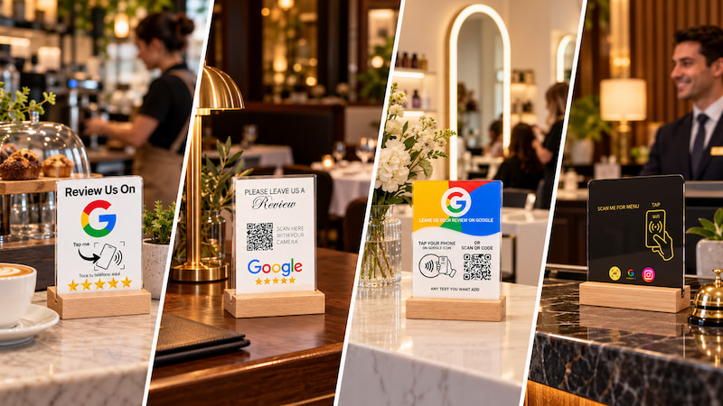 NFC Google review card showing tap with NFC or scan QR code