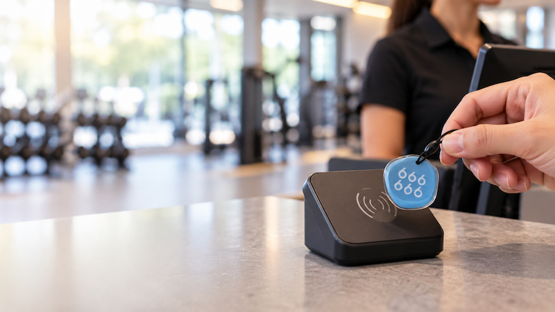 Blue RFID epoxy key tag used with a gym membership reader