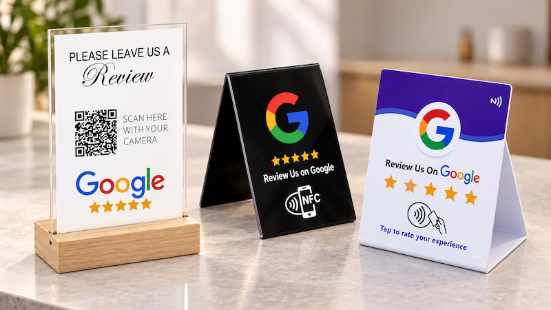 Google review stands in wood-base acrylic, black A-frame and purple-and-white folded PVC styles Google review stands in wood-base acrylic, black A-frame and purple-and-white folded PVC styles