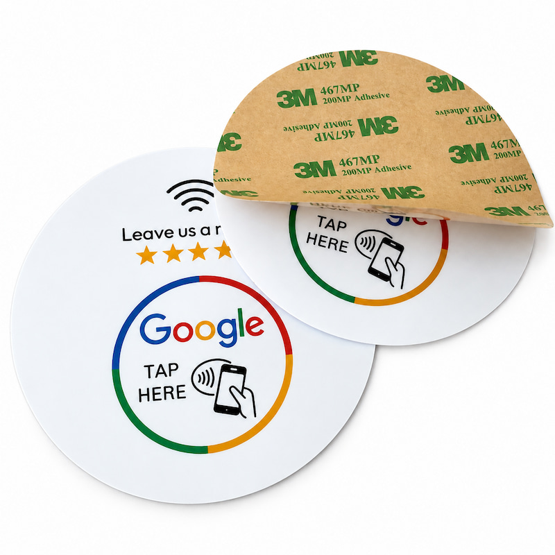White NFC Google review sticker with adhesive backing liner