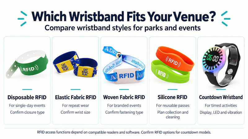 Comparison of disposable, elastic fabric, woven fabric, silicone RFID wristbands and countdown wristbands Comparison of disposable, elastic fabric, woven fabric, silicone RFID wristbands and countdown wristbands