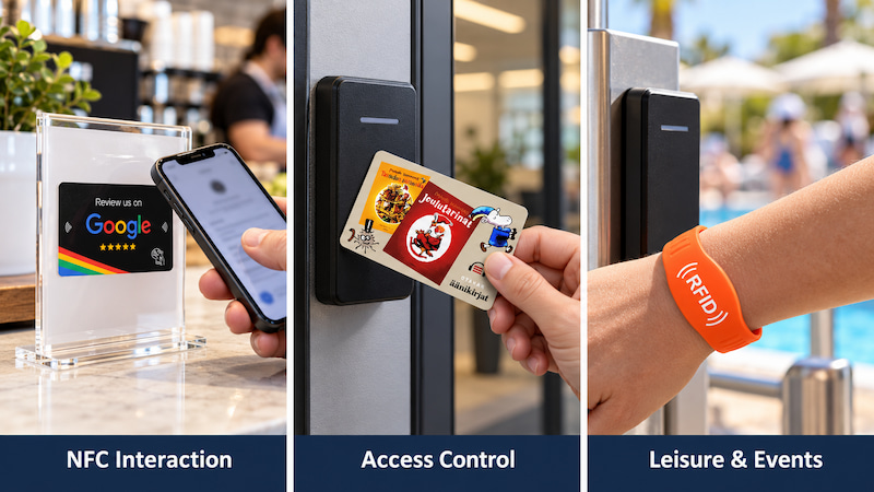 NFC review sticker used with a smartphone, RFID card at an access reader, and wristband at a pool entrance
