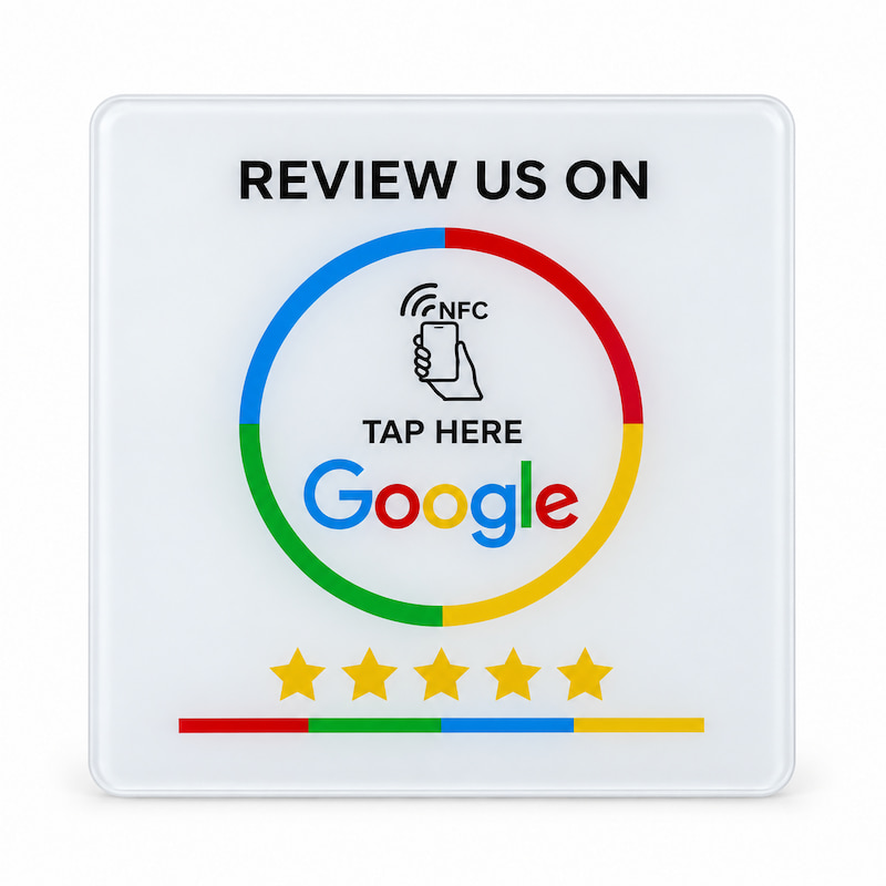 White 100 × 100 mm acrylic NFC Google review table plaque with a multicolor circle