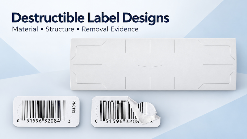 Destructible security labels showing security cuts and intact versus peeled barcode labels