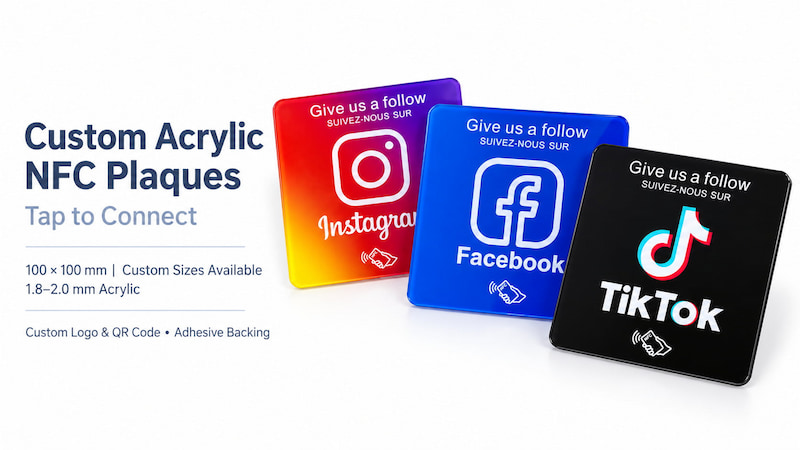 Custom acrylic NFC social media plaques with Instagram, Facebook and TikTok designs