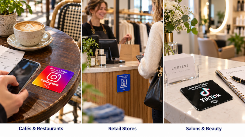 Self-adhesive acrylic NFC plaques on café tables, retail counters and salon reception desks